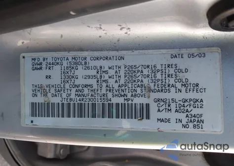 2003 Toyota 4Runner Sr5 V6 z USA, uszkodzony, nr VIN JTEBU14R230015594